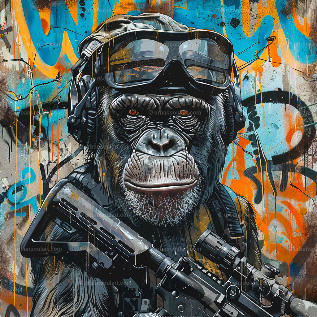 Monkey With Helmet And Machine Gun | A bold image of a monkey geared up with a helmet and machine gun, set against a graffiti background. Ideal for urban and edgy decor themes. - Realisiert mit Pictrs.com