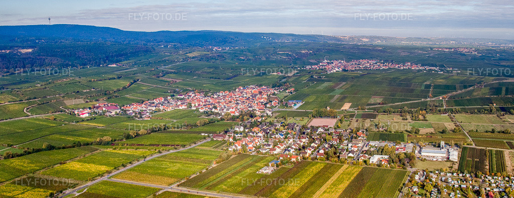 Luftbild: Panorama der Weinbergen am Haardtrand in Kallstadt im Bundesland Rheinland-Pfalz in Deutschland. Foto: IMG_21952-Bearbeitet.jpg vom 15.10.2009 durch Werner Riehm/FLY-FOTO.de – Auflösung des Originals: 7611 x 2936 px