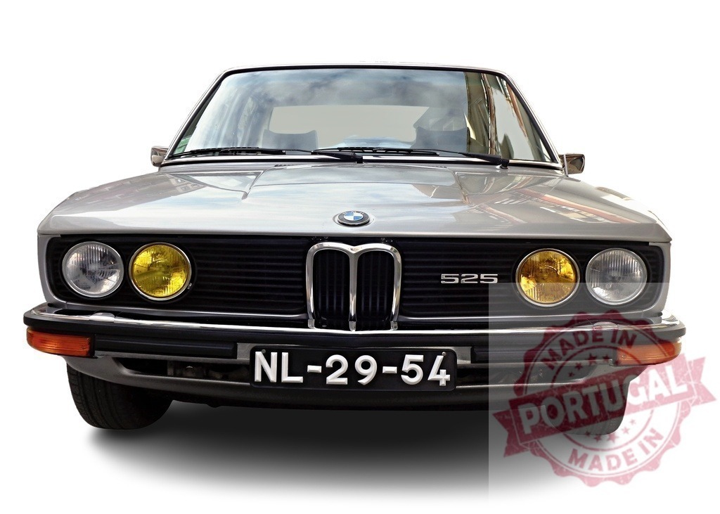 Silver BMW 525 with yellow fog lights and Dutch license plate is parked | Classic silver BMW 525 with yellow fog lights and a Dutch license plate is parked, showcasing its vintage charm - Realized with Pictrs.com