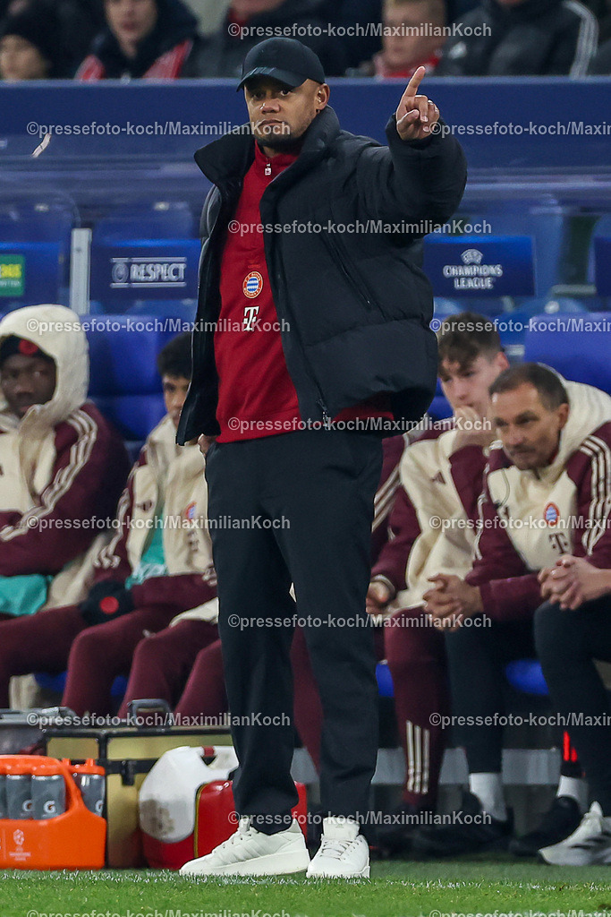 UCL10122402298 | 10.12.2024, Fußball, UEFA Champions League, Schachtar Donezk - FC Bayern München, Arena AufSchalke Gelsenkirchen, 8. Spieltag Saison 2024 2025: Trainer Vincent Kompany (Cheftrainer Bayern) gestikulierend am SpielfeldrandDFB regulations prohibit any use of photographs as image sequences and or quasi-video.