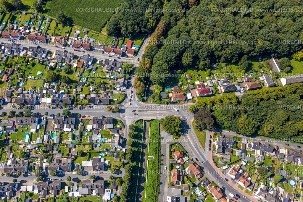 Gladbeck240806592 | Luftbild, Straßen-Kreuzungsbereich Arenbergstraße, Frentroper Straße und Am Dorffelde mit Brücke über eine Bahnlinie, Waldgebiet und Wohnhäuser mit Swimmingpools im Garten, Baumallee, Zweckel, Gladbeck, Ruhrgebiet, Nordrhein-Westfalen, Deutschland