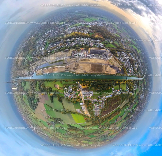 Bergkamen20221019_11_Aqua-Stadt | Luftbild, Wasserstadt Aden, Baugebiet für geplantes Stadtquartier, Aquastadt, Datteln-Hamm-Kanal, Fisheye Aufnahme, Fischaugen Aufnahme, 360 Grad Aufnahme, Oberaden, Bergkamen, Ruhrgebiet, Nordrhein-Westfalen, Deutschland