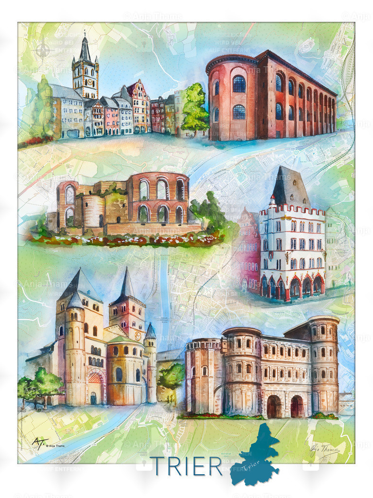 Stadtposter Trier | Dieses farbenfrohe Aquarell, gemalt auf der Landkarte von Trier, zeigt die schönsten Sehenswürdigkeiten dieser Stadt: Konstantinbasilika, Kaiserthermen, Hohe Domkirche St. Peter zu Trier, Hauptmarkt, Porta Nigra - Realisiert mit Pictrs.com