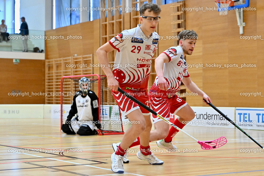 VSV Unihockye vs. KAC Floorball | #29 Sebastian Flaschberger KAC Floorball, #87 Fabian Grabner KAC Floorball, VSV Unihockye vs. KAC Floorball, VSV Unihockye vs. KAC Floorball am 13.04.2025 in Villach (Ballspielhalle St. Martin), Austria, (Photo by Bernd Stefan)