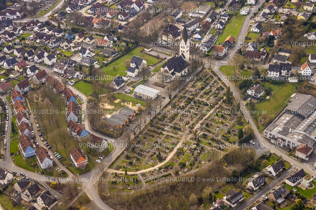 Wickede240307762 | Luftbild, kath. Pfarrkirche Sankt Antonius von Padua, kath. Friedhof Gräberfeld, Wohngebiet, Wickede/Ruhr, Nordrhein-Westfalen, Deutschland
