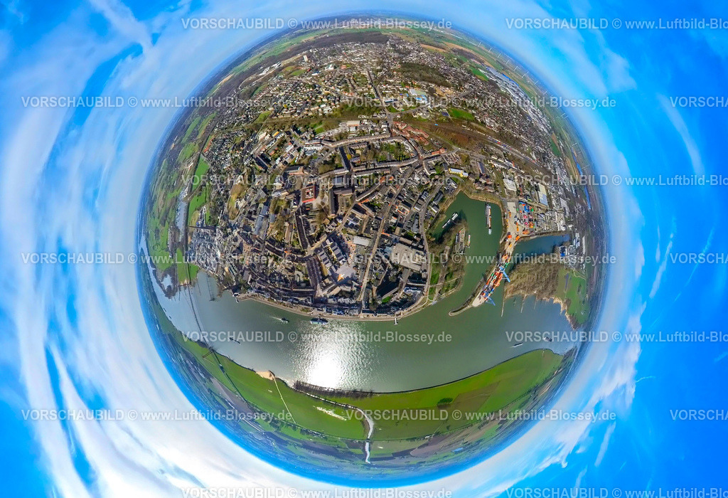 Emmerich240390144Mitte | Luftbild, Wohngebiet Ortsansicht und Fluss Rhein, Rheinpark und Hafen Emmerich, Erdkugel, Fisheye Aufnahme, Fischaugen Aufnahme, 360 Grad Aufnahme, tiny world, little planet, fisheye Bild, Emmerich, Emmerich am Rhein, Nordrhein-Westfalen, Deutschland