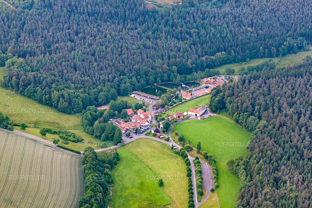 Luftbild: Landgasthof Hessenmühle im Ortsteil Kleinlüder in Großenlüder im Bundesland Hessen in Deutschland. Foto: IMG_68517.jpg vom 21.06.2014 durch Werner Riehm/FLY-FOTO.de