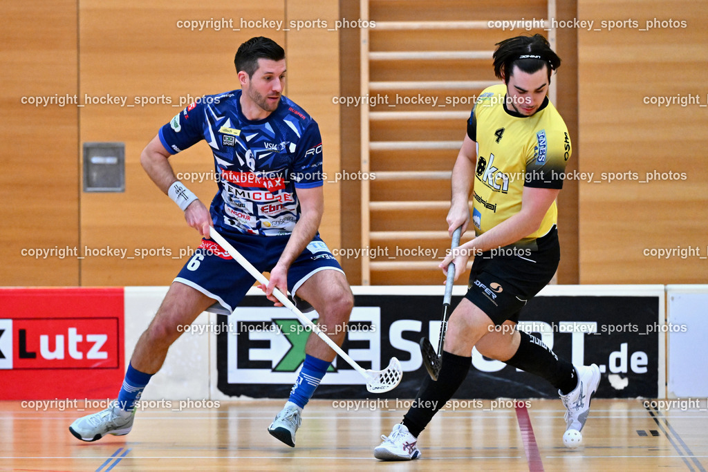 VSV Unihockey  vs. FBK Loka  | #6 Timo Schmid VSV Unihockey, #4 Maj Oman FBK Loka, VSV Unihockey  vs. FBK Loka , VSV Unihockey  vs. FBK Loka  am 25.01.2026 in Villach (Ballspielhalle St. Martin), Austria, (Photo by Bernd Stefan)