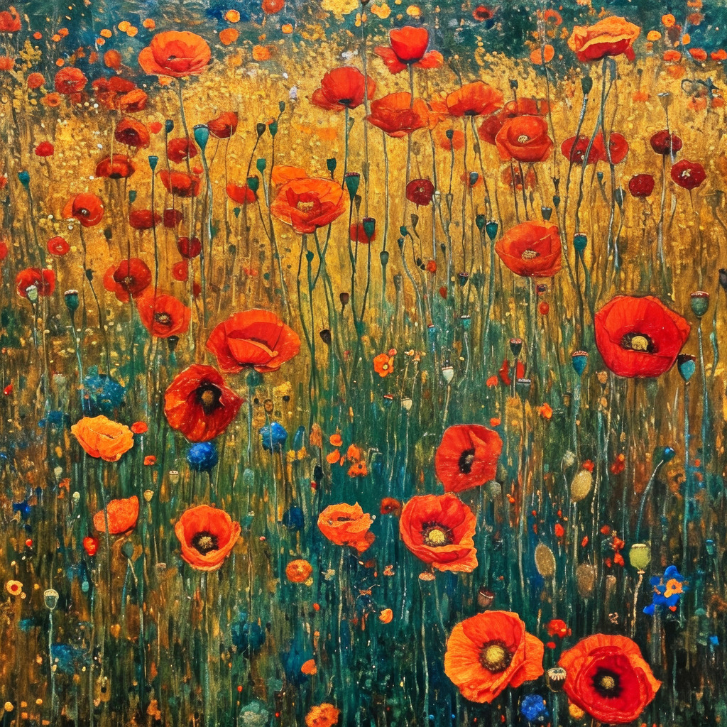 2402019 - Mohnblumen | Ein Mohnblumenfeld im Stil eines Gemäldes, das an Gustav Klimt erinnert.