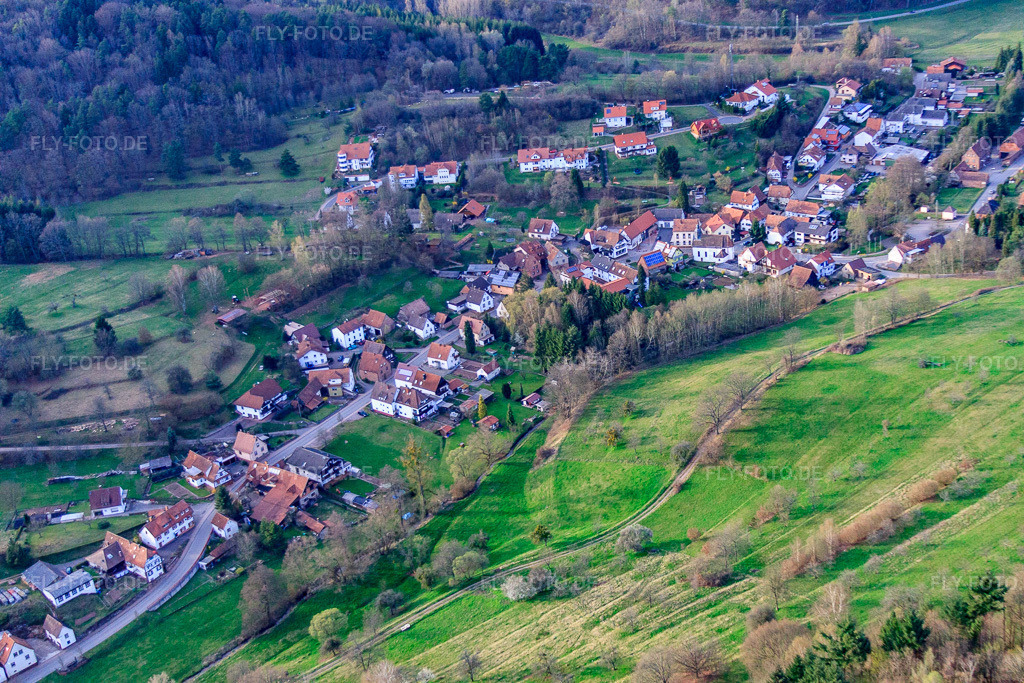 Luftbild: Ortsansicht von Osten in Erlenbach bei Dahn im Bundesland Rheinland-Pfalz in Deutschland. Foto: IMG_56550.jpg vom 17.04.2013 durch Werner Riehm/FLY-FOTO.deAuflösung des Originals: 4752 x 3168 px