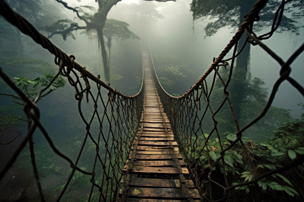 2309015 - Hängebrücke im Regenwald | Digital erstelltes Motiv einer Hängebrücke in einem nebligen Regenwald.