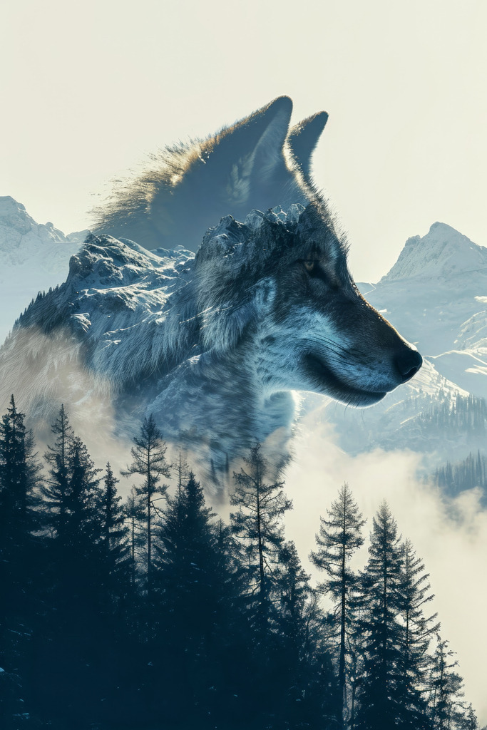 2402015 - Echo der Wildnis | Eindrucksvolles Motiv, in der die majestätische Gestalt eines Wolfs mit der imposanten Kulisse von Bergen und dichten Wäldern verschmilzt.