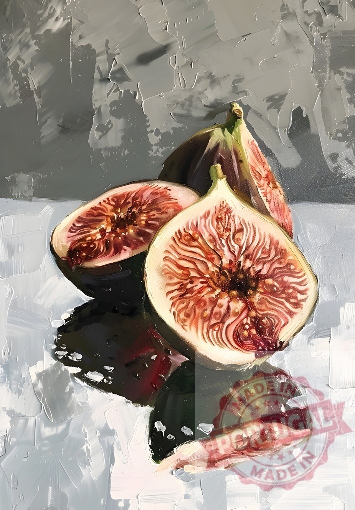 Sliced fresh figs still life oil painting | Vibrant oil painting depicting sliced and whole figs with impasto texture - Realisiert mit Pictrs.com
