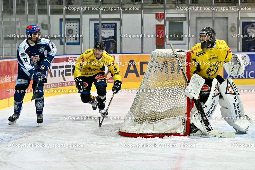ESC Steindorf vs. EC Hornets Spittal 20.2.2024 | #21 Steiner Moritz ESC Steindorf, #16 Nageler Daniel EC Hornets Spittal, #1 Zauchner Rene EC Hornets Spittal, ESC Steindorf vs. EC Hornets Spittal 20.2.2024, ESC Steindorf vs. EC Hornets Spittal 20.2.2024 am 20.02.2024 in Steindorf (Ossiachersee Halle), Austria, (Photo by Bernd Stefan)