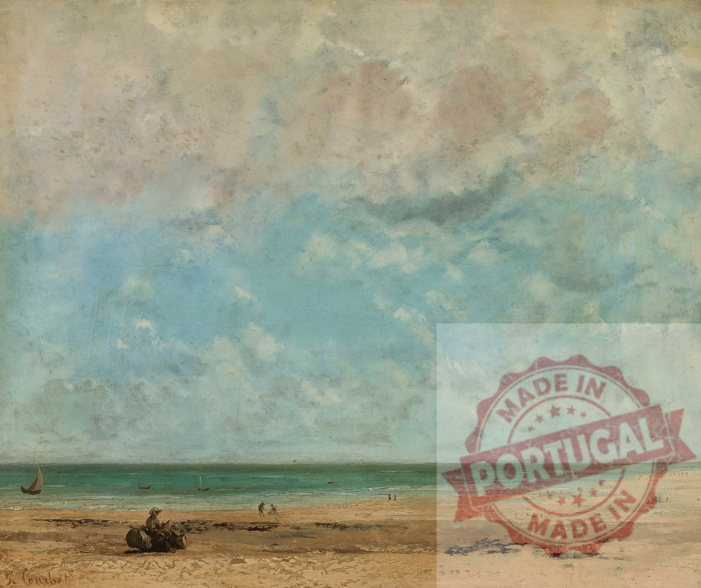 Gustave Courbet Gustave Courbet painting showing seascape with beach and clouds | Gustave Courbet painting depicting a beach with ocean, sky, and people in Realism art style - Realized with Pictrs.com