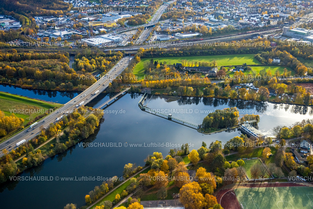 Hagen251102895 | Luftbild, Kraftwerk Stiftsmühle am Fluss Ruhr, Volmebrücke und Volmemündung, Autobahn A1 und Radwegbrücke, Vorhalle, Hagen, Ruhrgebiet, Nordrhein-Westfalen, Deutschland
