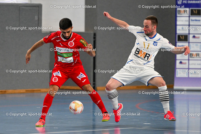 AUT, Futsal 1. FC Diamant vs Stella Rossa | 26.03.2023, Sporthauptschule Linz-Kleinmuenchen, AUT, Futsal, 1. FC Diamant vs Stella Rossa, im Bild Adis Muhamedagic (Diamant) vs Ali Abd Al Rahman Osman (Stella Rossa)
