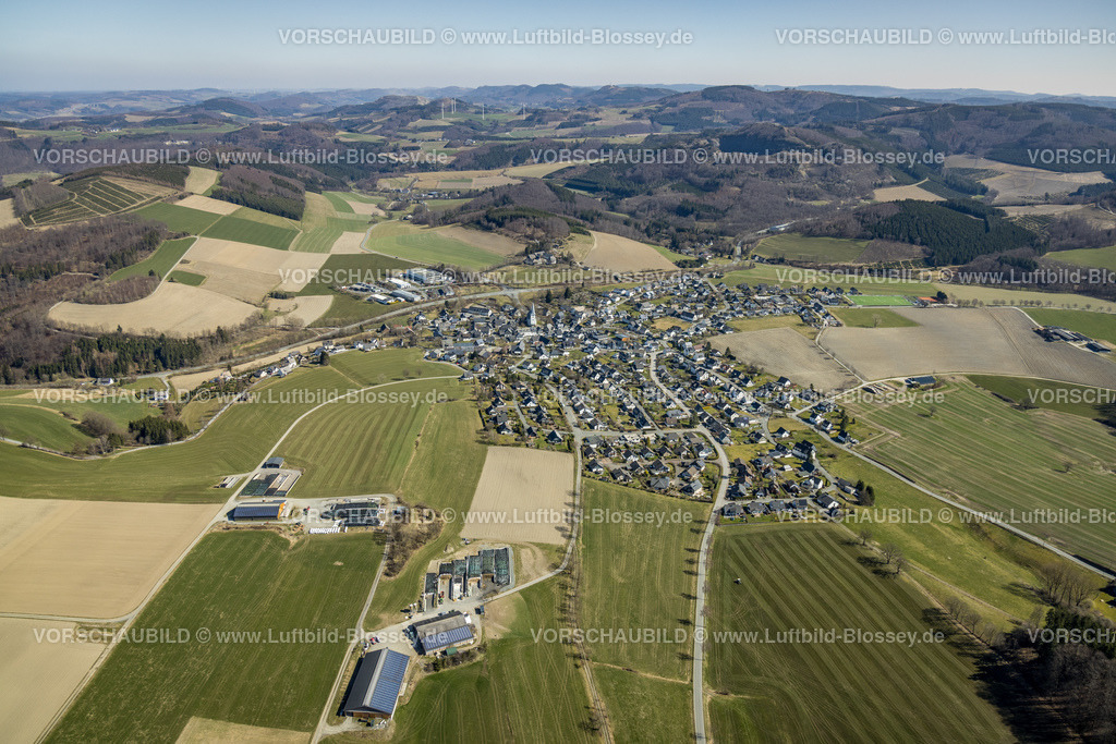 Meschede220302866 | Luftbild, Ortsansicht Remblinghausen mit kath. Pfarrkirche St. Jakobus d. Ä., Meschede, Sauerland, Nordrhein-Westfalen, Deutschland