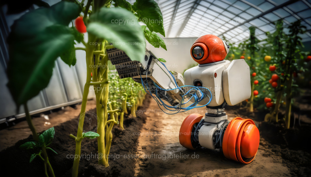 Ernte Roboter im Gewächshaus D | KI Bild: Ein Roboter erntet in einem Gewächshaus Tomaten. Fotorealistische Illustration auf Grundlage generativer KI. 