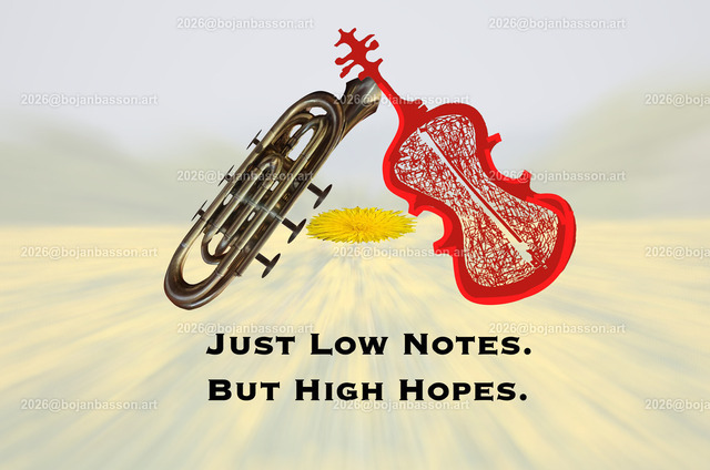 FF_Horn Kontrab-LowNotesHighHopes | Ironische, lustige Fotomontagen, Fotodesign Musik, Musikinstrumente ohne KI. Klavier. Geigen. Violinen. Bratschen. Trompeten. Tubas. Cello. Celli. Kontrabass. Kaufen Sie die Bilder in einer geschützten Galerie bequem online. - Realisiert mit Pictrs.com