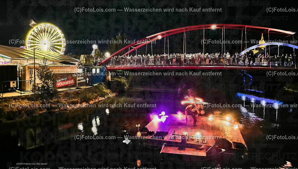 0462_Luftbild_VOLKSFEST-Wlbg_InselFeuer-Show | (C)FotoLois.com, Alois Spandl, Luftbild, Wieselburger VOLKSFEST neu, Feuershow auf der Erlaufinsel unter den Brücken, Do 29. Juni 2023.