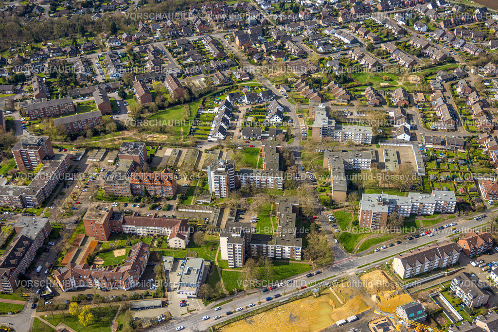 Voerde240309198 | Luftbild, Hochhaus-Wohngebiet und  Neubau Wohnsiedlung Buschacker, Voerde, Nordrhein-Westfalen, Deutschland
