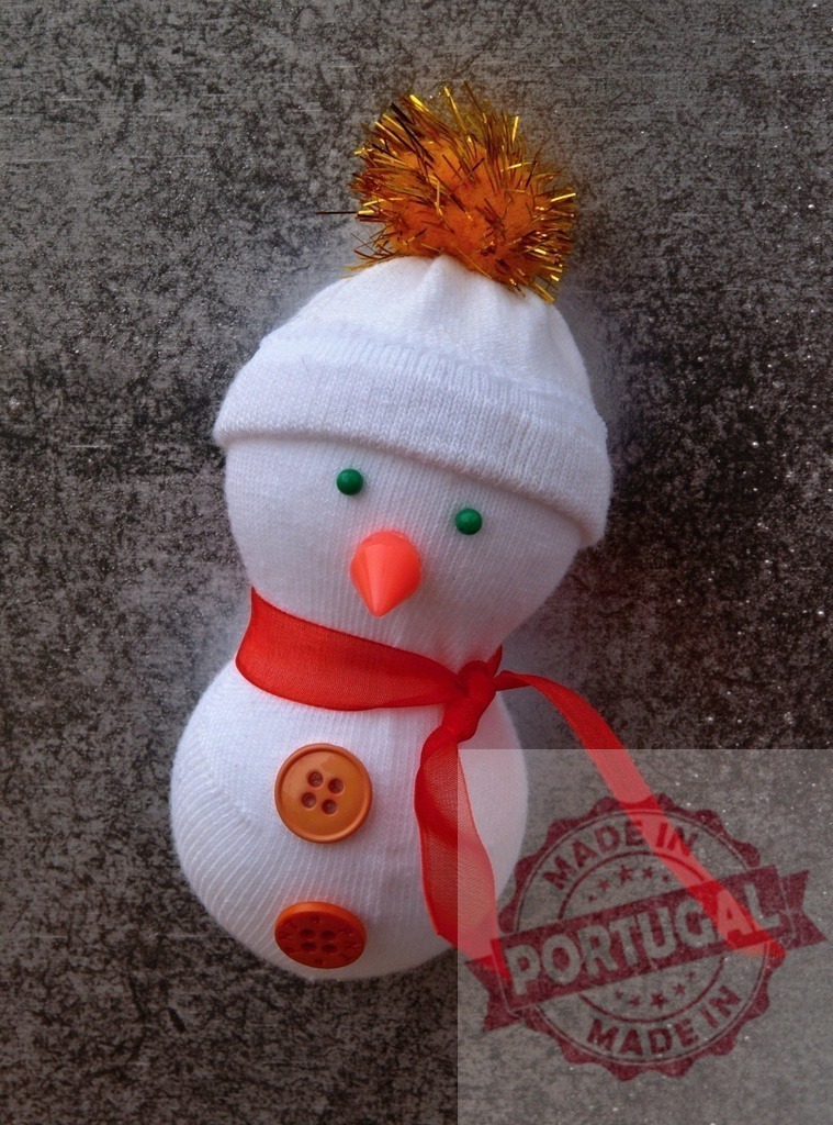Cute handmade snowman sock puppet wearing white hat and red scarf | Decorative christmas snowman sock puppet wearing white hat, red scarf and orange buttons on grey background - Realized with Pictrs.com