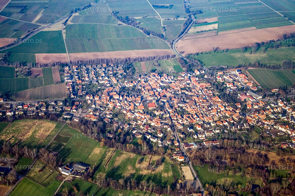 Luftbild: Ortsübersicht aus Süden im Ortsteil Billigheim in Billigheim-Ingenheim im Bundesland Rheinland-Pfalz in Deutschland. Foto: IMG_5332.jpg vom 18.02.2007 durch Werner Riehm/FLY-FOTO.de