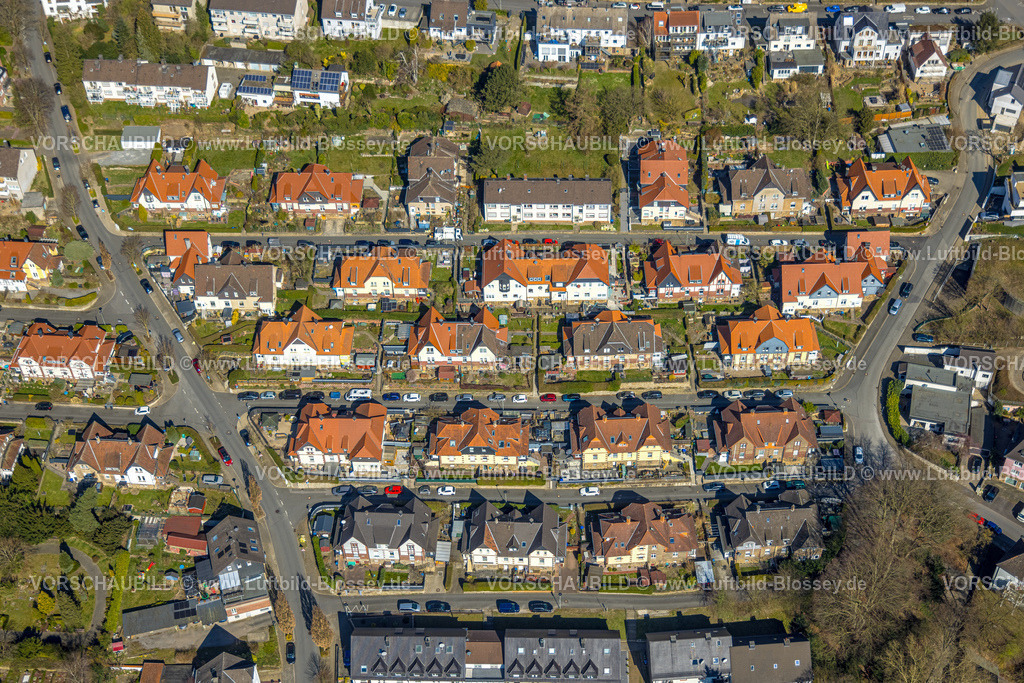 Wetter250303474 | Luftbild, Wohnsiedlung Stuckenholzhöhe Alt Wetter, Baudenkmal mit roten Dächern zwischen Bergstraße, Blankstraße, Bredtstraße, Trappenstraße und Stuckenholzstraße, Wetter, Ruhrgebiet, Nordrhein-Westfalen, Deutschland