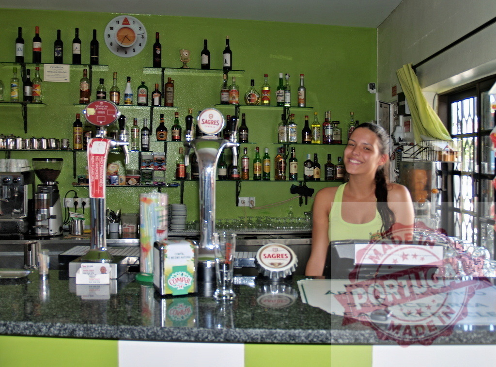 Smiling woman working behind bar counter with alcohol bottles | Smiling woman standing behind a bar counter with beer taps and liquor bottles - Realisiert mit Pictrs.com