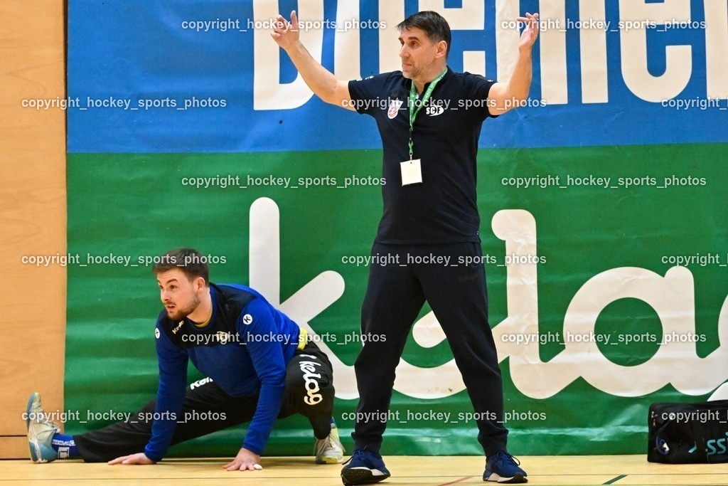 SC Ferlach vs. HSG Bärnbach/Köflach 30.3.2024 | #33 STRIEBNIG Florian SC Ferlach, Headcoach SC Ferlach BEGUS Robert, SC Ferlach vs. HSG Bärnbach/Köflach 30.3.2024, SC Ferlach vs. HSG Bärnbach/Köflach am 30.03.2024 in Ferlach (Ballspielhalle Ferlach), Austria, (Photo by Bernd Stefan)