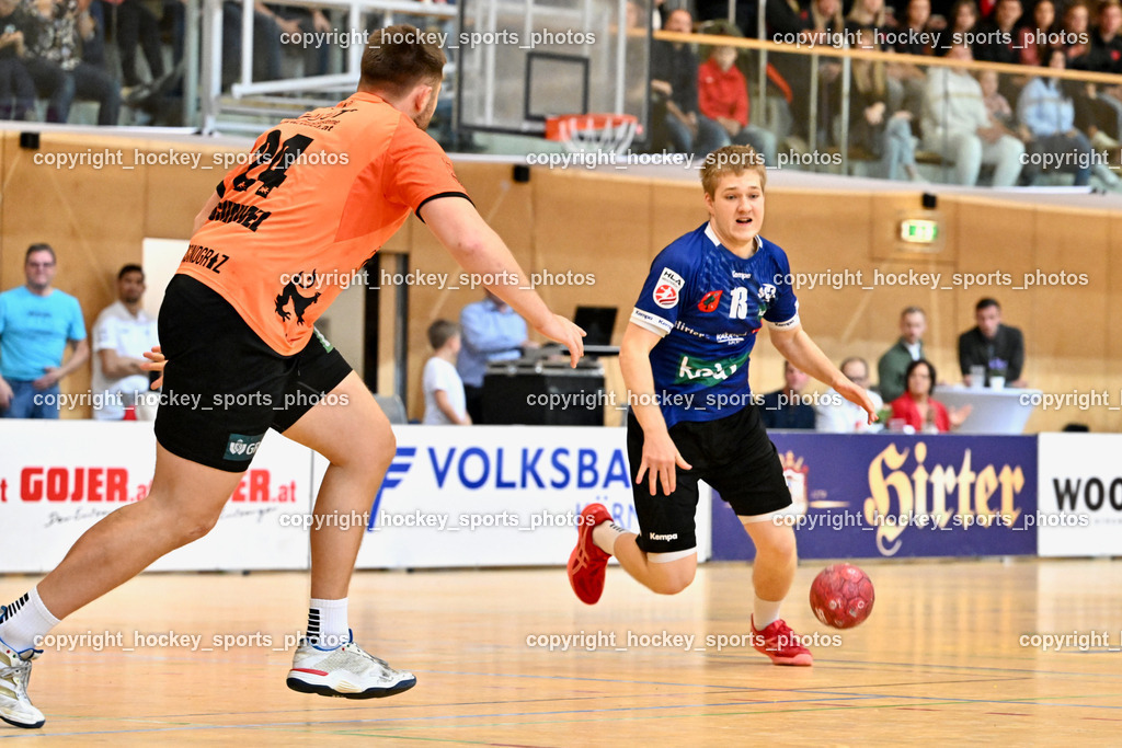 SC kelag Ferlach vs. HSG Holding Graz | #24 SCHIMMEL Florian HSG Graz, #13 GYSIN David SC Ferlach, SC kelag Ferlach vs. HSG Holding Graz, SC kelag Ferlach vs. HSG Holding Graz am 18.10.2025 in Ferlach (Ballspielhalle Ferlach), Austria, (Photo by Bernd Stefan)