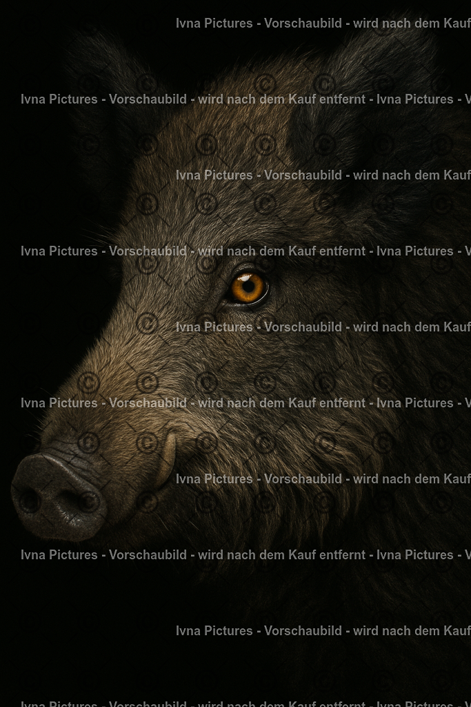 Wildschwein im Schatten | Der Kopf eines Wildschweins hebt sich vor schwarzem Hintergrund ab. Besonders auffallend ist das leuchtend bernsteinfarbene Auge, das dem Bild Intensität und Ausdruckskraft verleiht. - Realisiert mit Pictrs.com