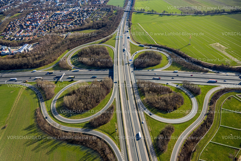 Unna230213307 | Luftbild, Autobahnkreuz Dortmund/Unna, Autobahn A1 und Autobahn A44, Massen, Unna, Ruhrgebiet, Nordrhein-Westfalen, Deutschland