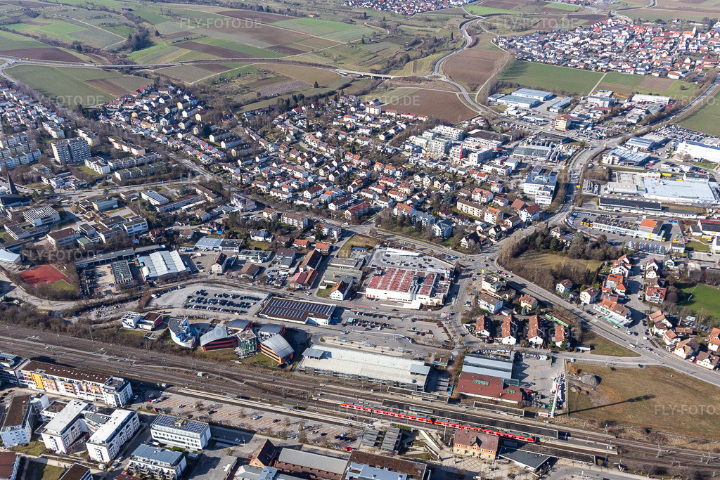 Luftbild: Bahnhof in Herrenberg im Bundesland Baden-Württemberg in Deutschland. Foto: IMG_125229.jpg vom 20.02.2021 durch Werner Riehm/FLY-FOTO.de