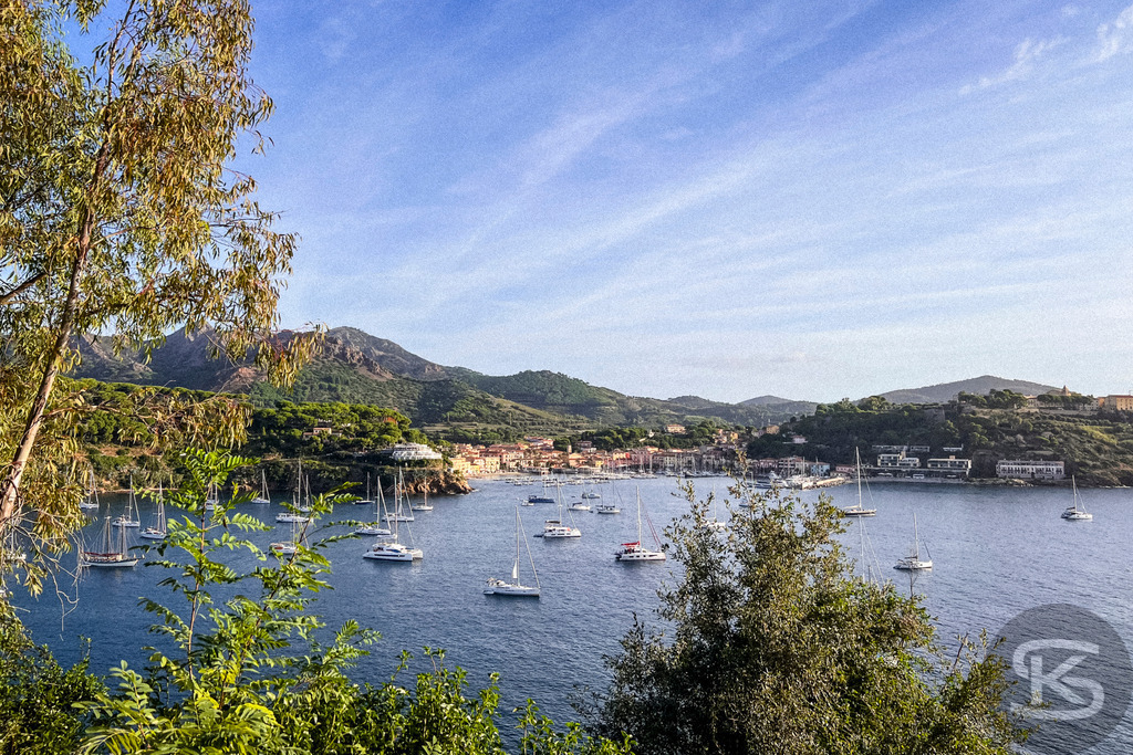 Maritime Morgenruhe: Hafen von Porto Azzurro auf Elba – Wandbild | Blick von einer Anhöhe durch grüne Sträucher auf die Bucht von Porto Azzurro auf Elba; zahlreiche Segelboote ankern im ruhigen Wasser unter einem hellblauen Morgenfilm mit Schleierwolken. - Realisiert mit Pictrs.com