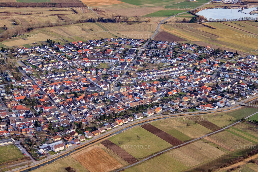Luftbild: Ortsansicht von Westen mit Kirche St. Sebastian im Ortsteil Neuthard in Karlsdorf-Neuthard im Bundesland Baden-Württemberg in Deutschland. Foto: IMG_24614.jpg vom 27.02.2010 durch Werner Riehm/FLY-FOTO.de