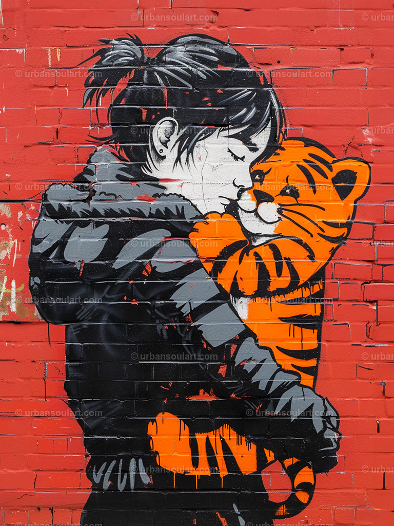 Girl Cuddling With Little Tiger | This heartfelt image of a girl cuddling with a baby tiger captures the warmth and beauty of companionship. Perfect for animal lovers and those who enjoy art with emotional depth, it brings a tender touch to any room. - Realisiert mit Pictrs.com