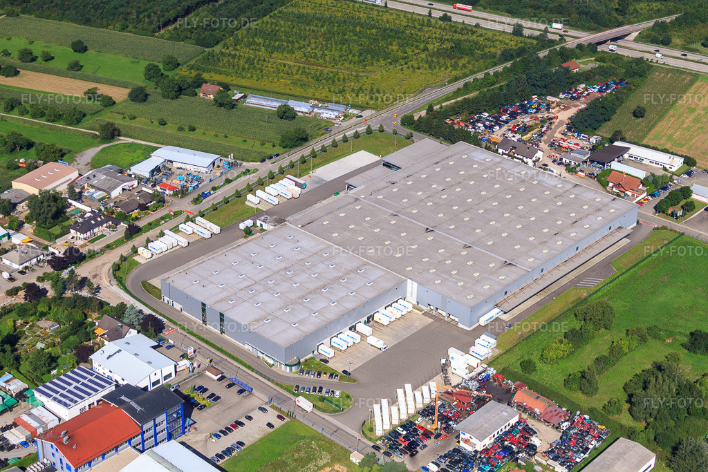 Luftbild: Industriegebiet Heinkelstraße mit Rhenus Logistics und Prologis Germany in Muggensturm im Bundesland Baden-Württemberg in Deutschland. Foto: IMG_31907.jpg vom 20.08.2010 durch Werner Riehm/FLY-FOTO.de