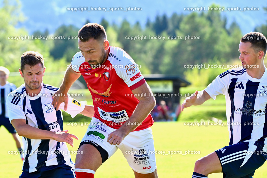 ATUS Nötsch vs. FC Dölsach | #9 Edin Avdic ATUS Nötsch, #12 Christian Brandstätter FC Dölsach, #6 Thomas Zraunig FC Dölsach, ATUS Nötsch vs. FC Dölsach, ATUS Nötsch vs. FC Dölsach am 23.08.2026 in Nötsch (Sportplatz Nötsch), Austria, (Photo by Bernd Stefan)
