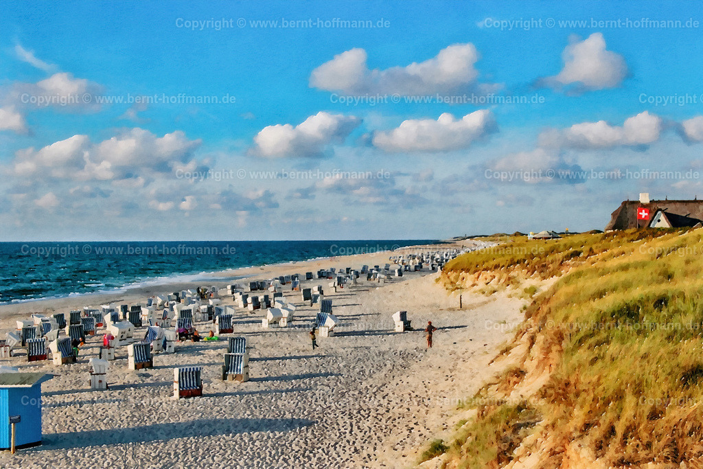 PDM2_2293_Kampen-Strand_180x120 | DIGITALKUNST. Kliffende. __ Strand in Kampen auf Sylt. Strandkörbe und Dünenrand - mit dem Haus -Ensemble " Kliffende " im sommerlichen Nachmittagslicht. Schweizer Flagge vor dem Haus. - Realisiert mit Pictrs.com
