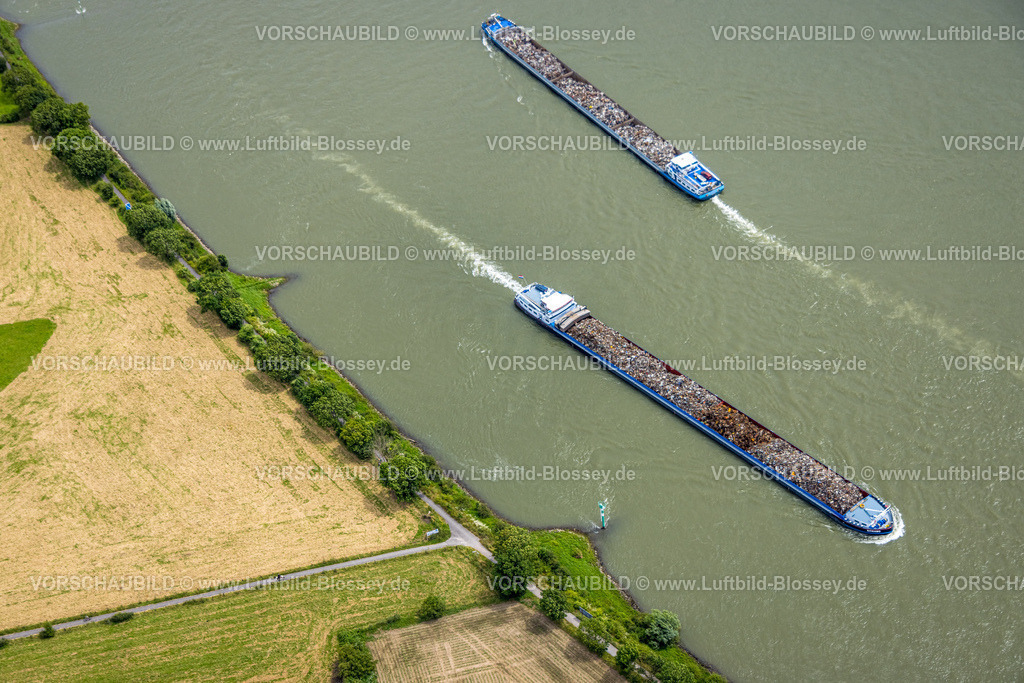Duisburg240702369-Nord | Luftbild, Duisburg-Nord, Binnenschifffahrt mit Lastenschiffen auf dem Fluss Rhein bei Beeckerwerth, Baerl, Duisburg, Ruhrgebiet, Nordrhein-Westfalen, Deutschland