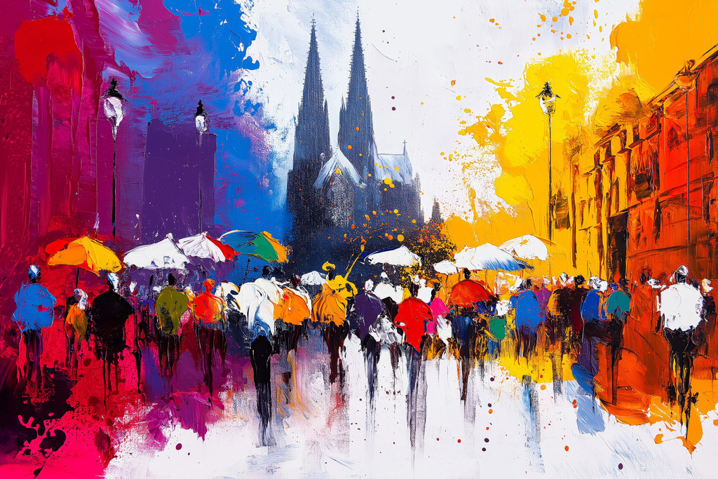 2504024 - Kölner Lichterspiel | Modernes Stadtbild von Köln mit Dom und Regenschirmen – abstrakte Kunst für urban inspirierte Räume oder als Geschenk für Köln-Fans.