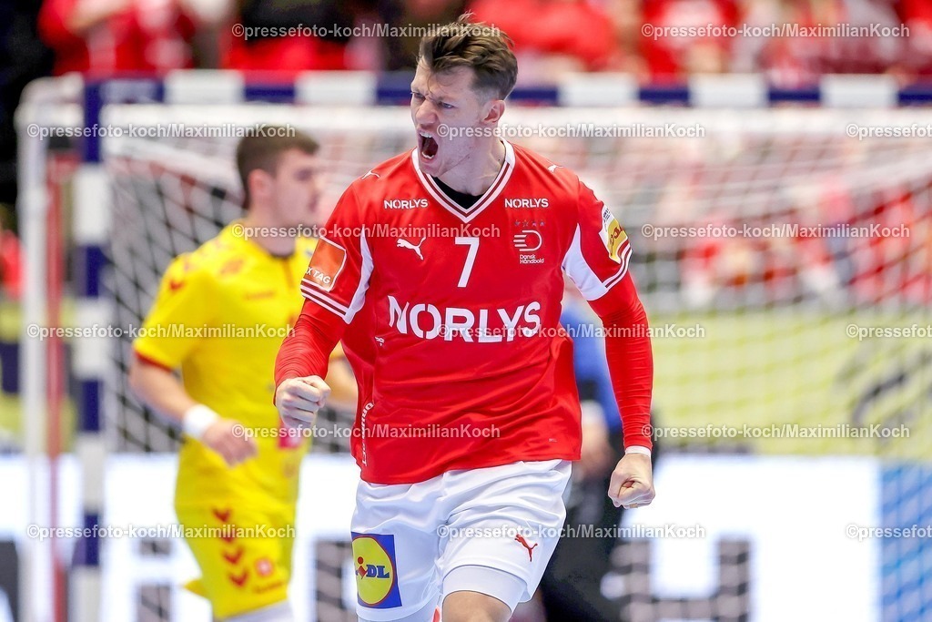 EHF16012602140 | 16.01.2026, Handball, Men's EHF EURO 2026, Dänemark - Nordmazedonien, Jyske Bank Boxen in Herning, Dänemark, Preliminary Round:  Emil Jakobsen (Denmark #07) jubelnd