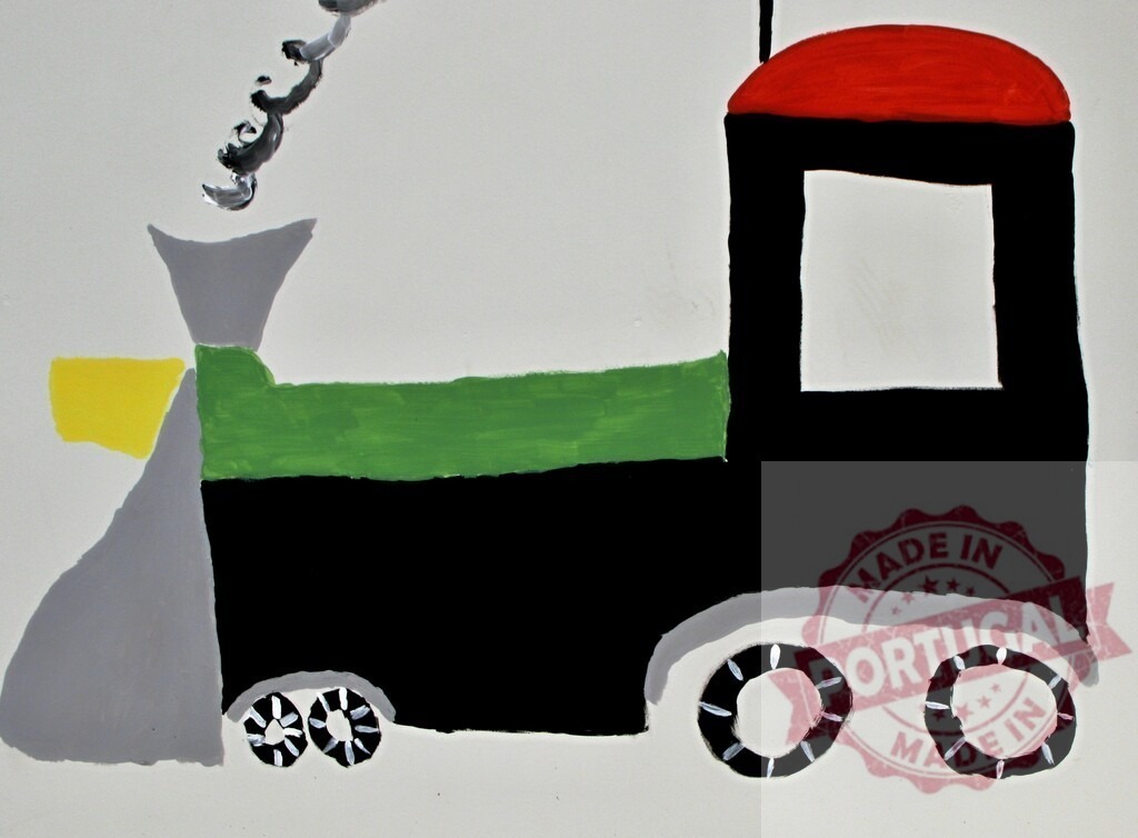 Simple colorful train drawing creating childhood transportation art | Stylized painting of a steam locomotive, depicting a child's art and toy concept - Realized with Pictrs.com
