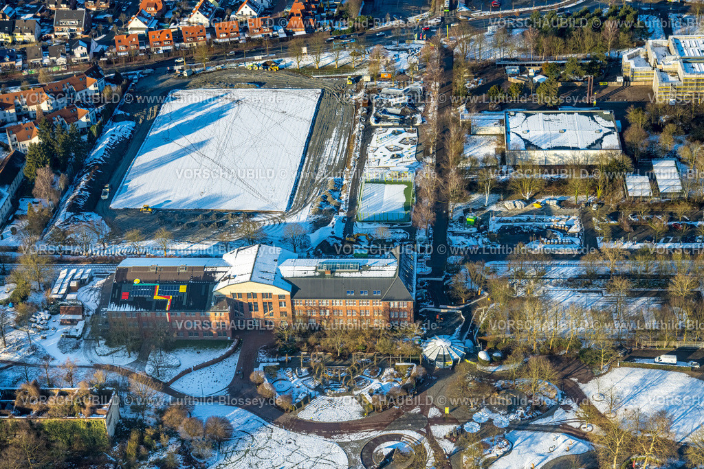 Hamm260105307 | Luftbild, Bauabschnitt der Grünen Umweltachse am Maxipark, Baustelle Sportpark und Freizeitpark Werner-Figgen-Weg Ecke Alter Grenzweg neben dem Freiherr-vom-Stein-Gymnasium, Eingangsbereich Maximilianpark mit Glaselefant, Winterlandschaft, Uentrop, Hamm, Ruhrgebiet, Nordrhein-Westfalen, Deutschland