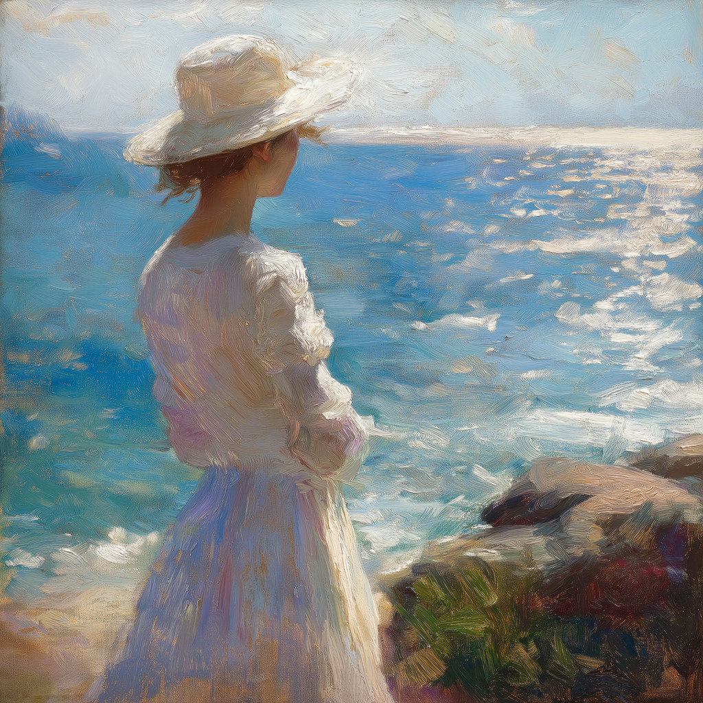 10250117 - Frau am Meer | Modernes Wandbild oder Poster im Stil eines impressionistischen Gemäldes. Für Preise, Formate und Ausführungen klicken Sie bitte auf "Bestellen".