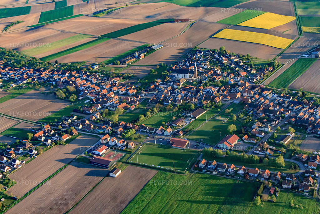 Aerial view: Village overview from the northwest in Schleithal in the state Bas-Rhin, France.Photo: IMG_64408.jpg taken on 04/17/2014 by Werner Riehm/FLY-FOTO.comResolution of the original: 4548 x 3032 px