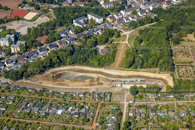 Essen220806772 | Luftbild, Baustelle Regenrückhaltebecken Gerschede am Pausmühlenbach, am Kleingartenverein Weidkamp, Borbeck-Mitte, Essen, Ruhrgebiet, Nordrhein-Westfalen, Deutschland