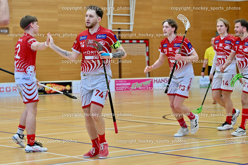 VSV Unihockey vs. KAC Floorball | Jubel KAC Floorball Mannschaft, #74 Luca Wurmitzer KAC Floorball, #2 Mitja Beuthe KAC Floorball, #93 Marcel Gappmayer KAC Floorball, #14 Pascual Fina KAC Floorball, VSV Unihockey vs. KAC Floorball, VSV Unihockey vs. KAC Floorball am 12.04.2025 in Villach (Ballspielhalle St. Martin), Austria, (Photo by Bernd Stefan)